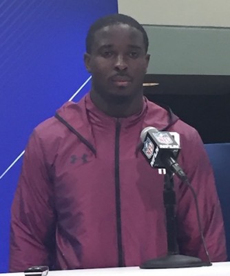 Sony Michel (Georgia) face aux mdia lors du NFL Scouting Combine 2018